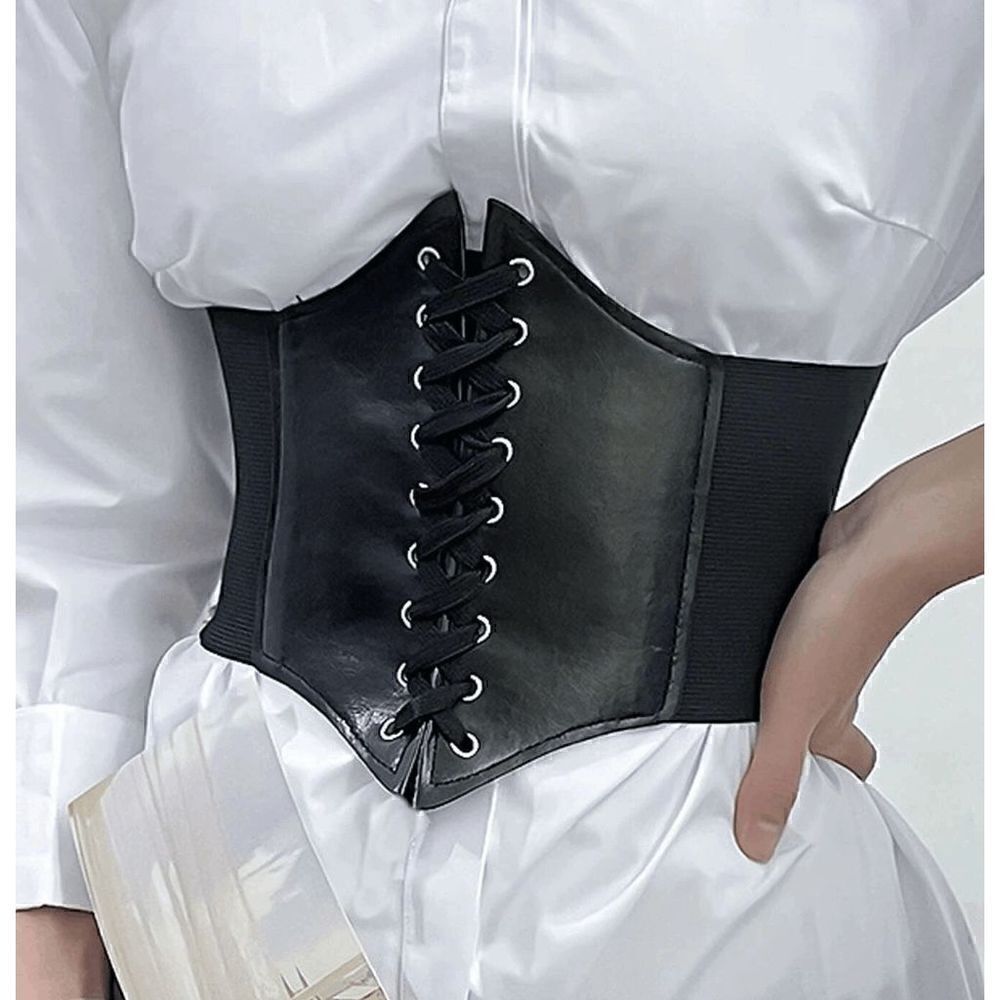 Wide Lace-Up Elastic Waist Tied Black Corset Belt NEW